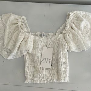 Zara smocked crop top with lace ruffle sleeves; size S